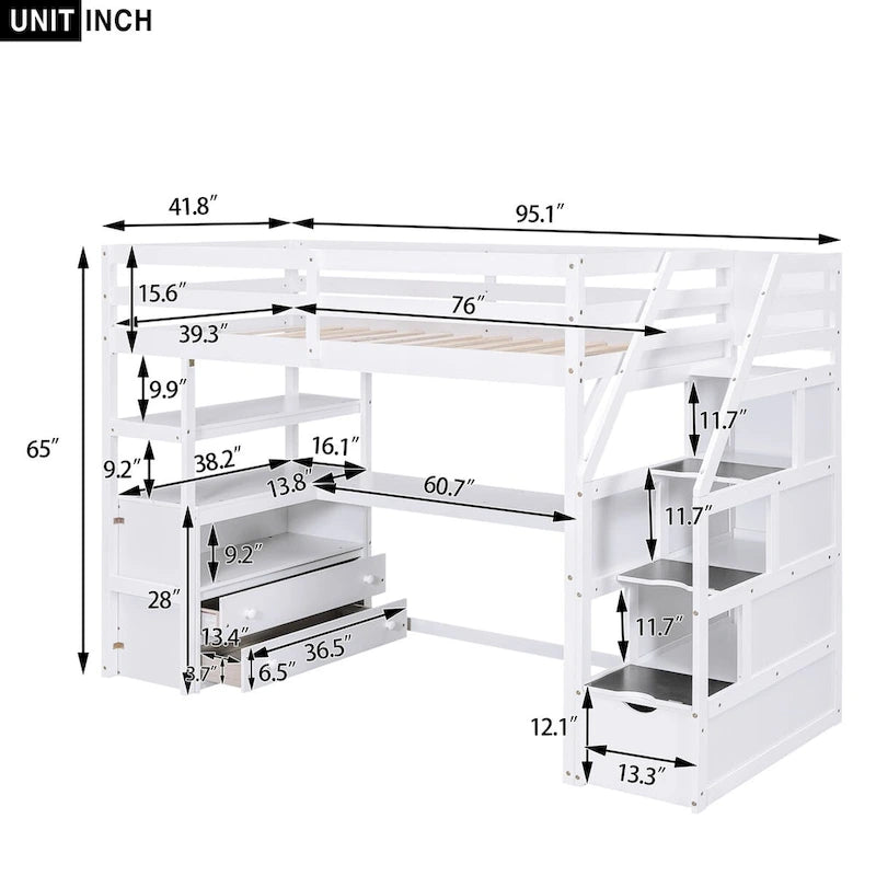 Lit mezzanine simple avec escalier, bureau, étagères et 2 tiroirs, gris / blanc