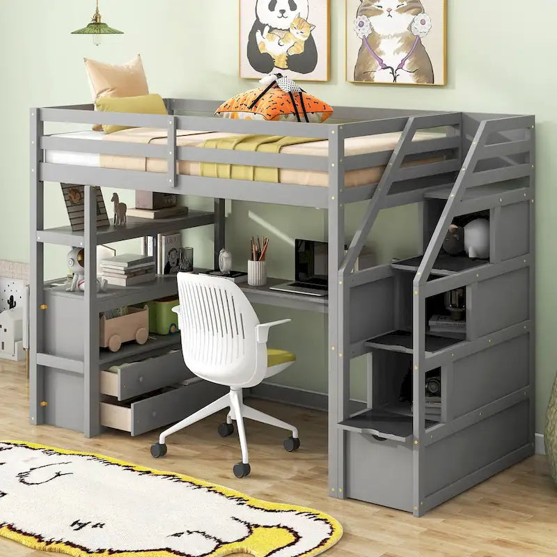 Lit mezzanine simple avec escalier, bureau, étagères et 2 tiroirs, gris / blanc