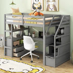 Lit mezzanine simple avec escalier, bureau, étagères et 2 tiroirs, gris / blanc