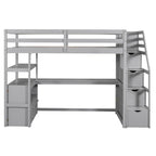 Lit mezzanine simple avec escalier, bureau, étagères et 2 tiroirs, gris / blanc