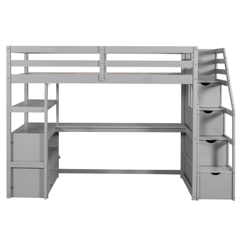 Lit mezzanine simple avec escalier, bureau, étagères et 2 tiroirs, gris / blanc