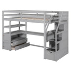 Lit mezzanine simple avec escalier, bureau, étagères et 2 tiroirs, gris / blanc