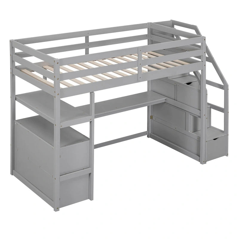 Lit mezzanine simple avec escalier, bureau, étagères et 2 tiroirs, gris / blanc