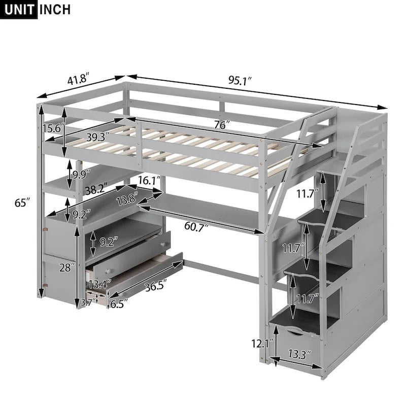 Lit mezzanine simple avec escalier, bureau, étagères et 2 tiroirs, gris / blanc