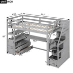 Lit mezzanine simple avec escalier, bureau, étagères et 2 tiroirs, gris / blanc