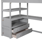 Lit mezzanine simple avec escalier, bureau, étagères et 2 tiroirs, gris / blanc