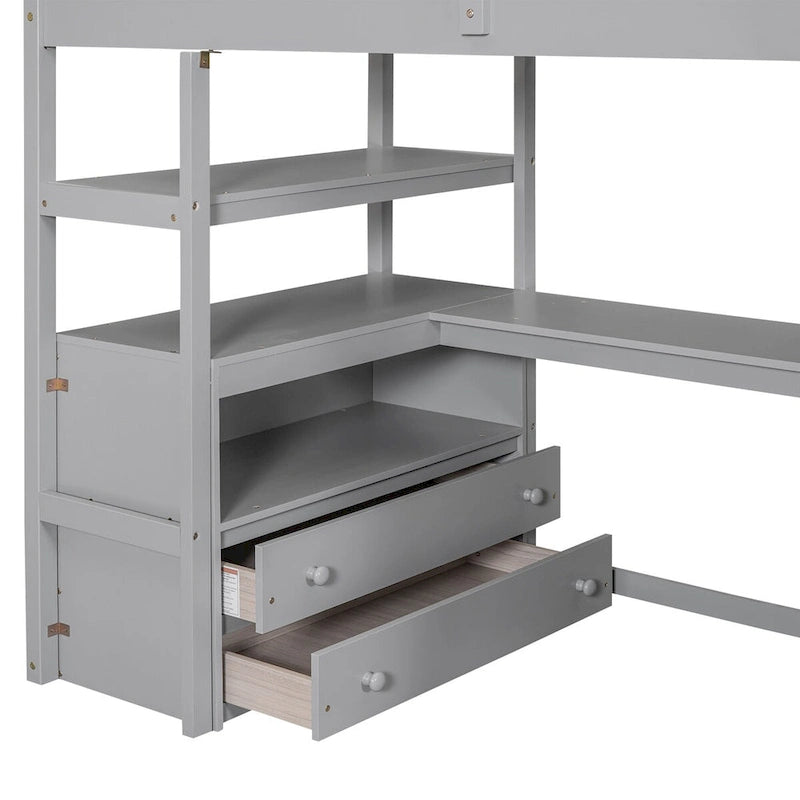 Lit mezzanine simple avec escalier, bureau, étagères et 2 tiroirs, gris / blanc