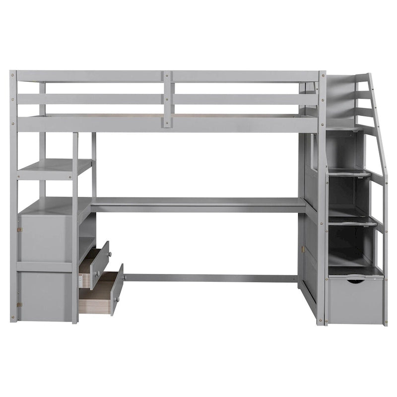 Lit mezzanine simple avec escalier, bureau, étagères et 2 tiroirs, gris / blanc