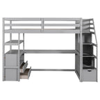 Lit mezzanine simple avec escalier, bureau, étagères et 2 tiroirs, gris / blanc