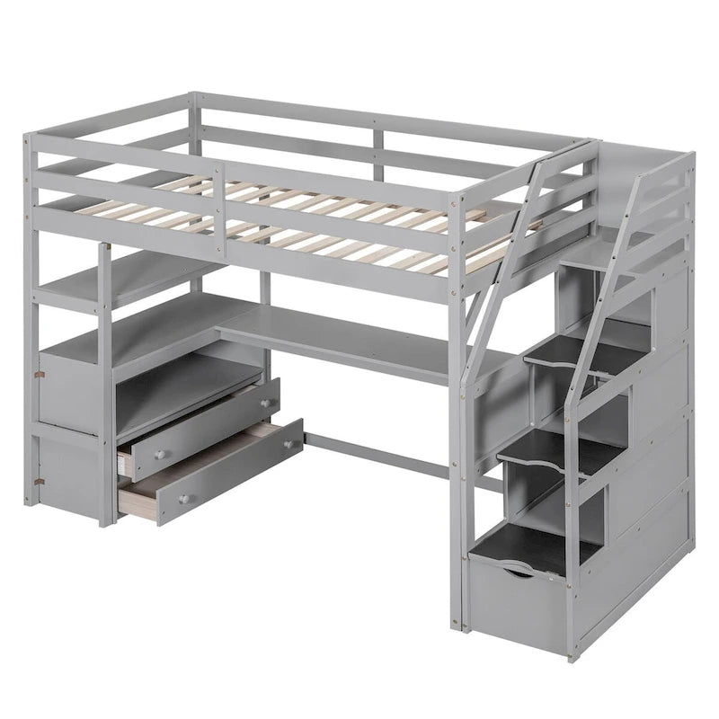 Lit mezzanine simple avec escalier, bureau, étagères et 2 tiroirs, gris / blanc