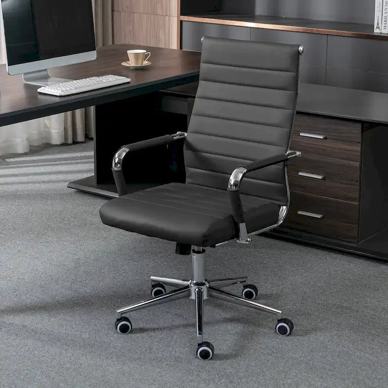 Chaise de bureau ergonomique pivotante en cuir PU côtelé marron / bleu / blanc / noir / gris avec support lombaire, simple