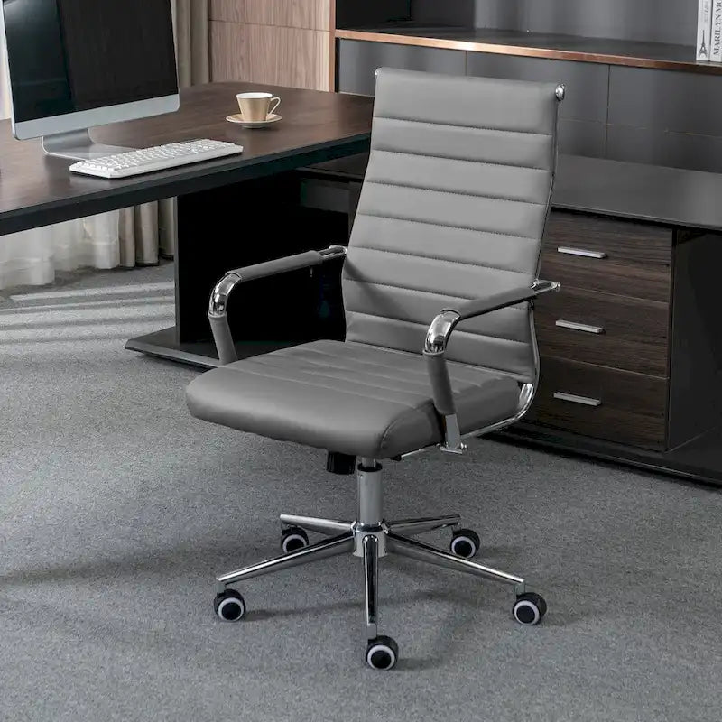 Chaise de bureau ergonomique pivotante en cuir PU côtelé marron / bleu / blanc / noir / gris avec support lombaire, simple