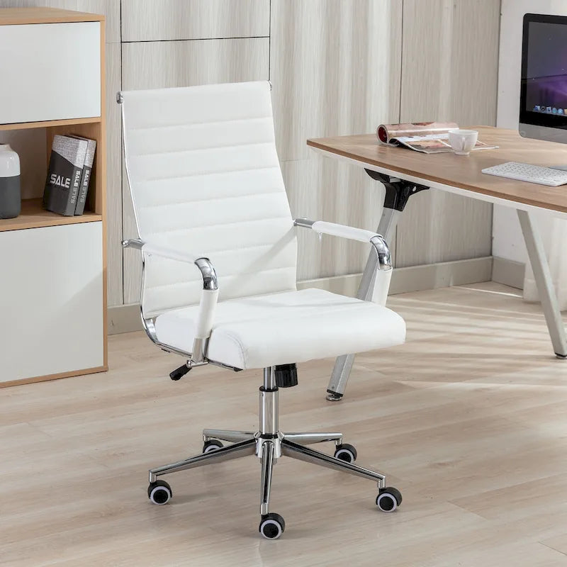 Chaise de bureau ergonomique pivotante en cuir PU côtelé marron / bleu / blanc / noir / gris avec support lombaire, simple