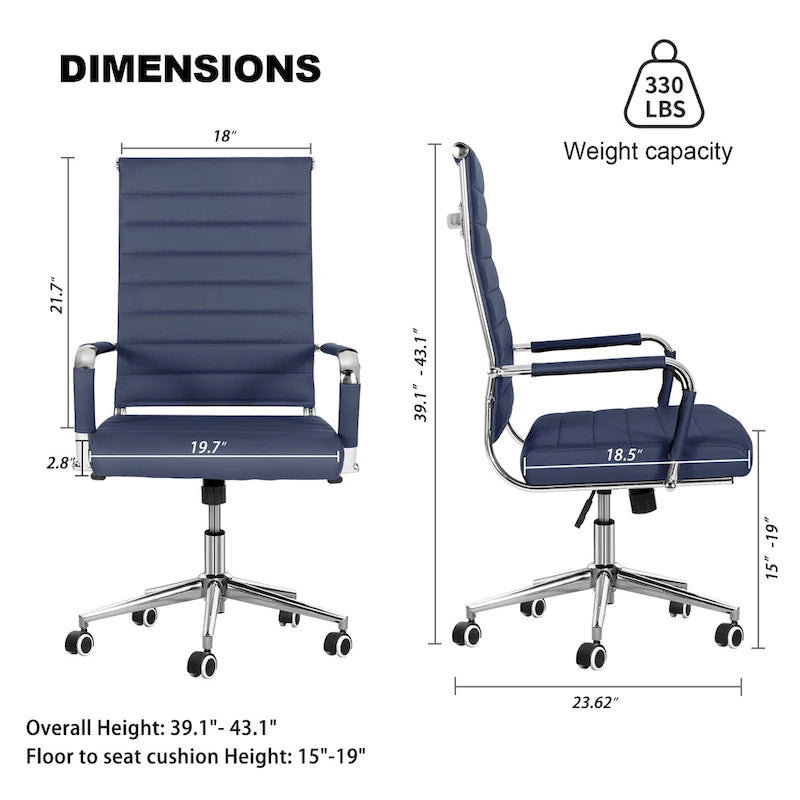 Chaise de bureau ergonomique pivotante en cuir PU côtelé marron / bleu / blanc / noir / gris avec support lombaire, simple