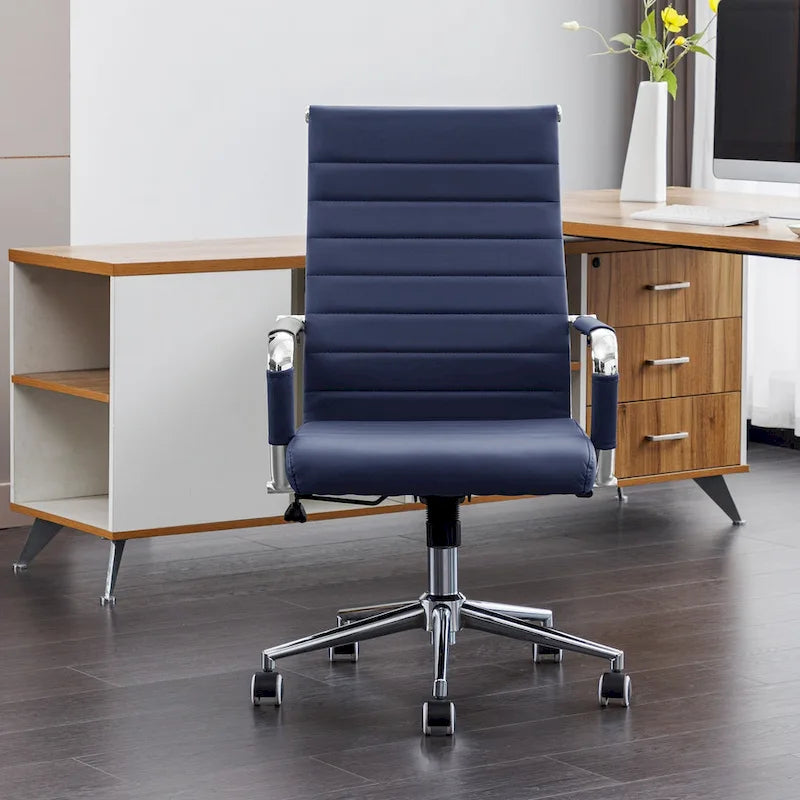Chaise de bureau ergonomique pivotante en cuir PU côtelé marron / bleu / blanc / noir / gris avec support lombaire, simple