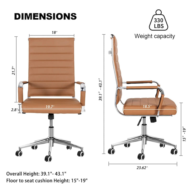 Chaise de bureau ergonomique pivotante en cuir PU côtelé marron / bleu / blanc / noir / gris avec support lombaire, simple