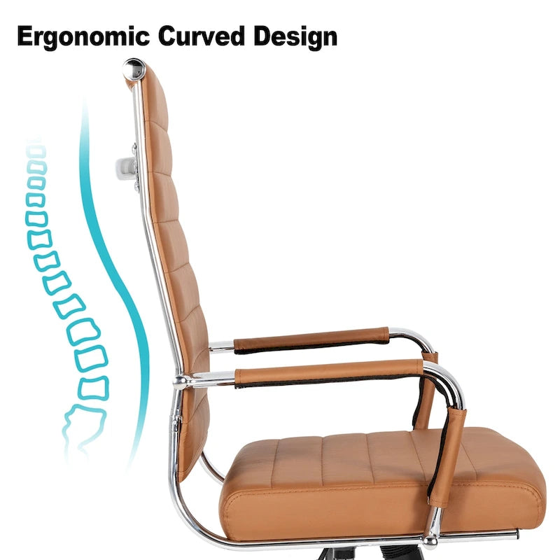 Chaise de bureau ergonomique pivotante en cuir PU côtelé marron / bleu / blanc / noir / gris avec support lombaire, simple