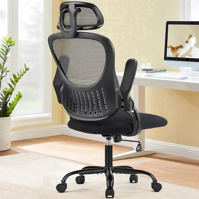 Fauteuil de bureau ergonomique à dossier haut en maille Noir / Bleu / Marron avec appui-tête réglable et accoudoirs relevables, Unité