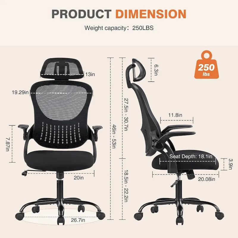 Fauteuil de bureau ergonomique à dossier haut en maille Noir / Bleu / Marron avec appui-tête réglable et accoudoirs relevables, Unité