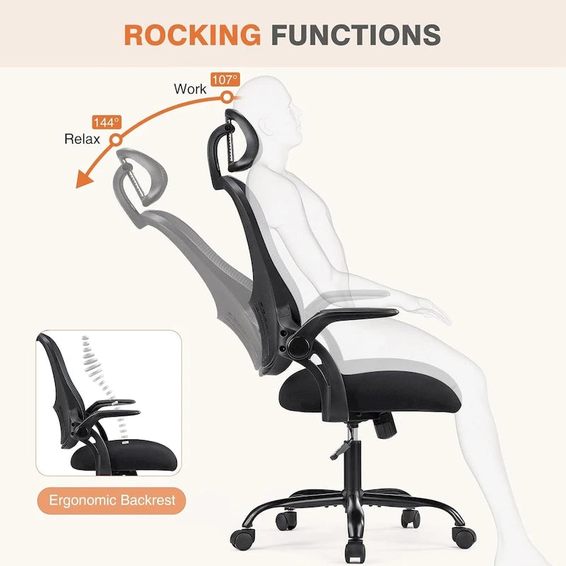 Fauteuil de bureau ergonomique à dossier haut en maille Noir / Bleu / Marron avec appui-tête réglable et accoudoirs relevables, Unité
