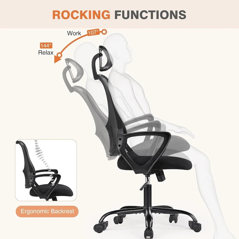 Fauteuil de bureau ergonomique à dossier haut en maille Noir / Bleu / Marron avec appui-tête réglable et accoudoirs relevables, Unité