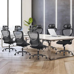 Fauteuil de bureau ergonomique à dossier haut en maille Noir / Bleu / Marron avec appui-tête réglable et accoudoirs relevables, Unité