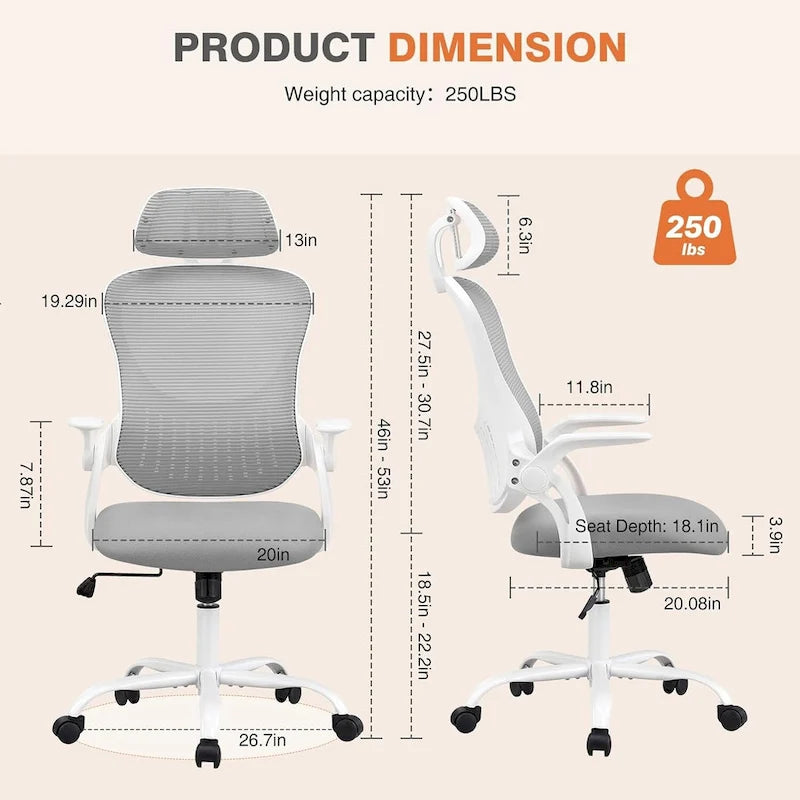 Fauteuil de bureau ergonomique à dossier haut en maille Noir / Bleu / Marron avec appui-tête réglable et accoudoirs relevables, Unité