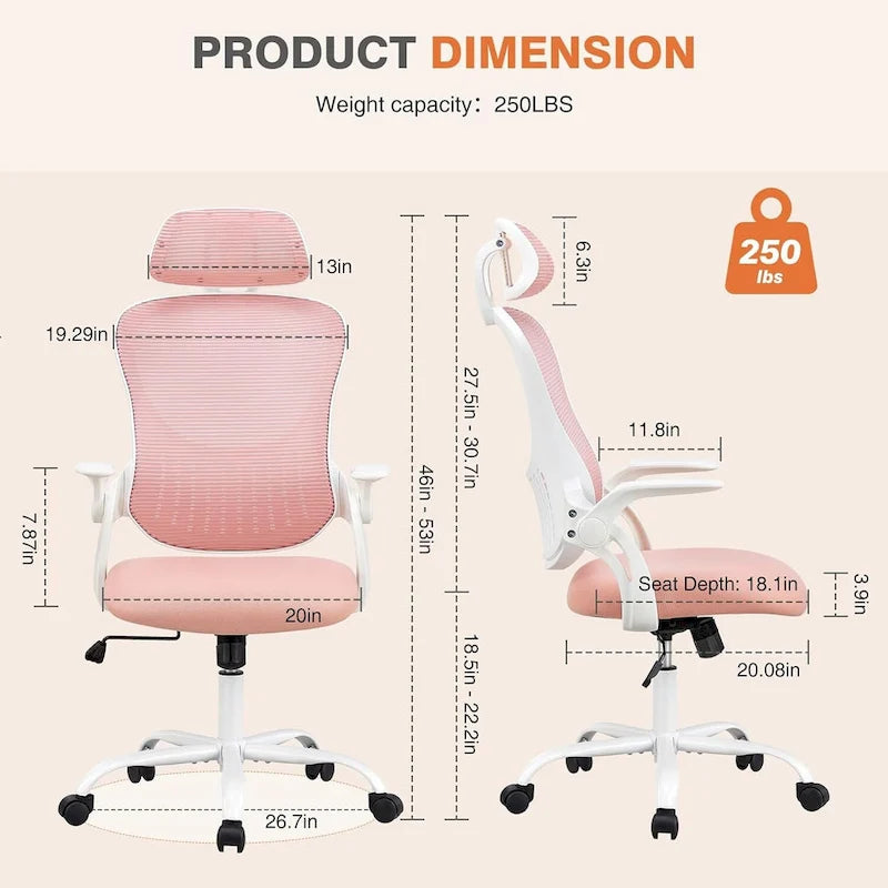 Fauteuil de bureau ergonomique à dossier haut en maille Noir / Bleu / Marron avec appui-tête réglable et accoudoirs relevables, Unité