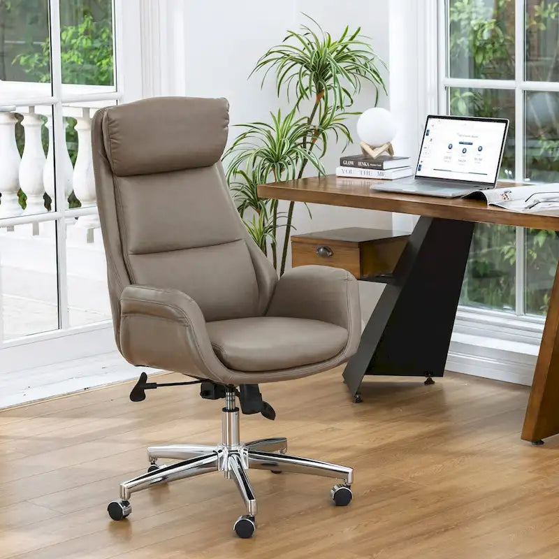 Fauteuil de bureau de direction pivotant en similicuir, dossier haut, style Mid-Century Modern, coloris noir/gris/café/chameau et noir, pièce unique.
