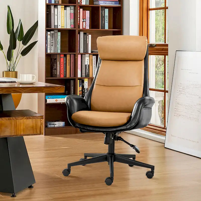 Fauteuil de bureau de direction pivotant en similicuir, dossier haut, style Mid-Century Modern, coloris noir/gris/café/chameau et noir, pièce unique.