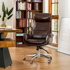 Fauteuil de bureau de direction pivotant en similicuir, dossier haut, style Mid-Century Modern, coloris noir/gris/café/chameau et noir, pièce unique.