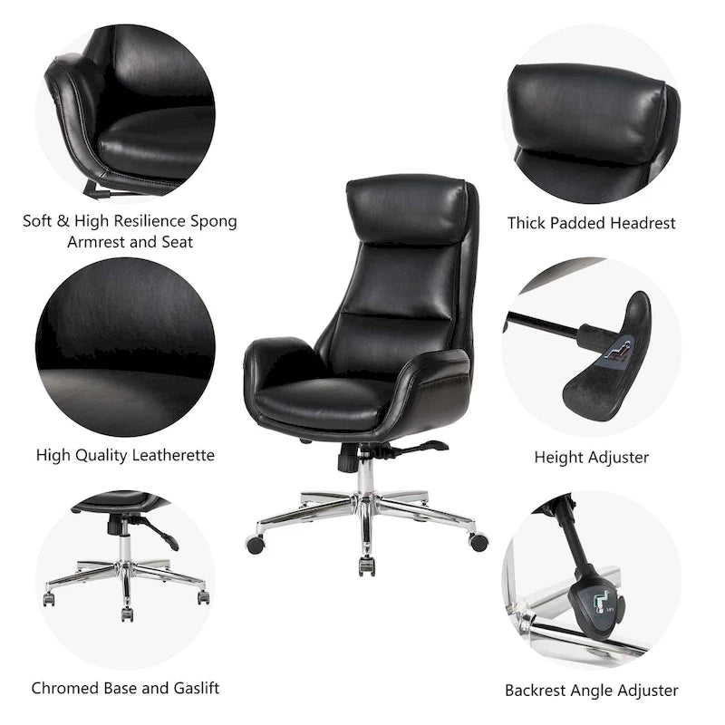 Fauteuil de bureau de direction pivotant en similicuir, dossier haut, style Mid-Century Modern, coloris noir/gris/café/chameau et noir, pièce unique.