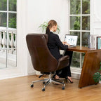 Fauteuil de bureau de direction pivotant en similicuir, dossier haut, style Mid-Century Modern, coloris noir/gris/café/chameau et noir, pièce unique.