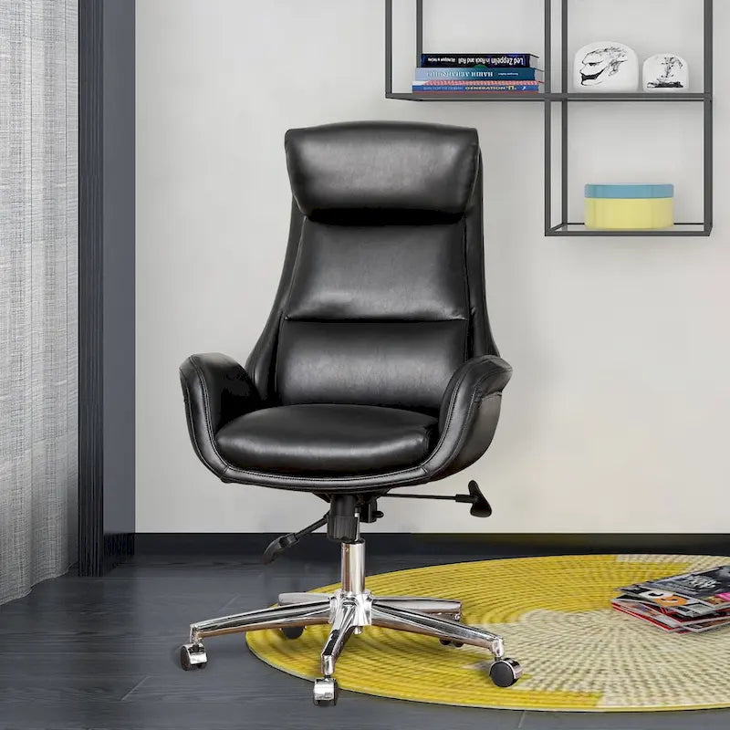 Fauteuil de bureau de direction pivotant en similicuir, dossier haut, style Mid-Century Modern, coloris noir/gris/café/chameau et noir, pièce unique.