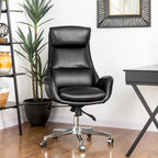 Fauteuil de bureau de direction pivotant en similicuir, dossier haut, style Mid-Century Modern, coloris noir/gris/café/chameau et noir, pièce unique.