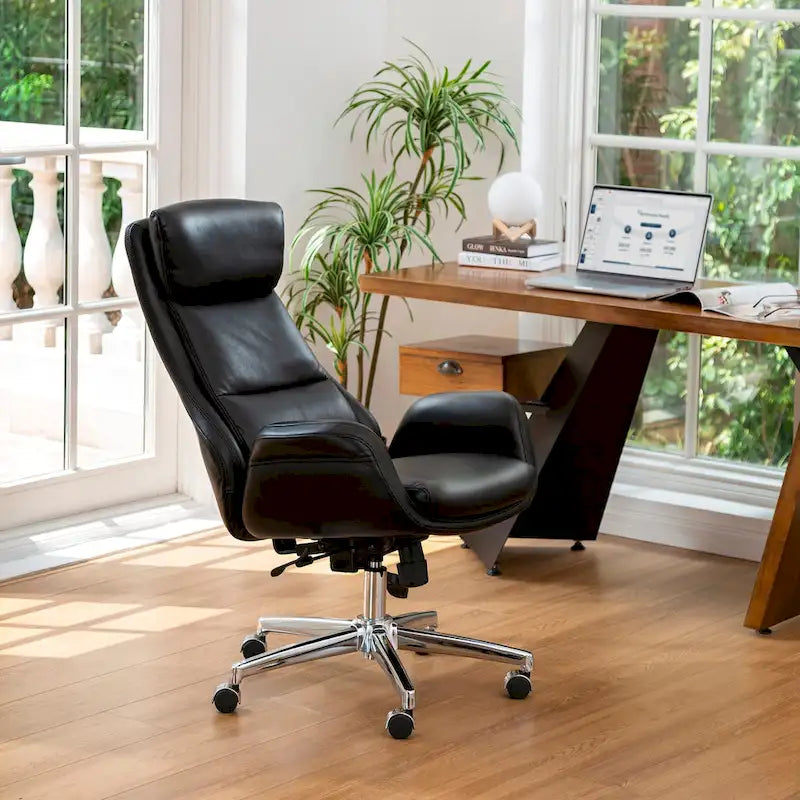 Fauteuil de bureau de direction pivotant en similicuir, dossier haut, style Mid-Century Modern, coloris noir/gris/café/chameau et noir, pièce unique.