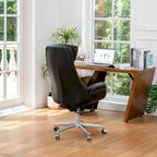 Fauteuil de bureau de direction pivotant en similicuir, dossier haut, style Mid-Century Modern, coloris noir/gris/café/chameau et noir, pièce unique.