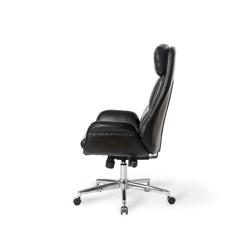 Fauteuil de bureau de direction pivotant en similicuir, dossier haut, style Mid-Century Modern, coloris noir/gris/café/chameau et noir, pièce unique.