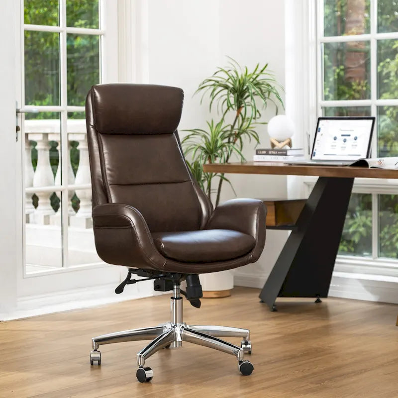 Fauteuil de bureau de direction pivotant en similicuir, dossier haut, style Mid-Century Modern, coloris noir/gris/café/chameau et noir, pièce unique.