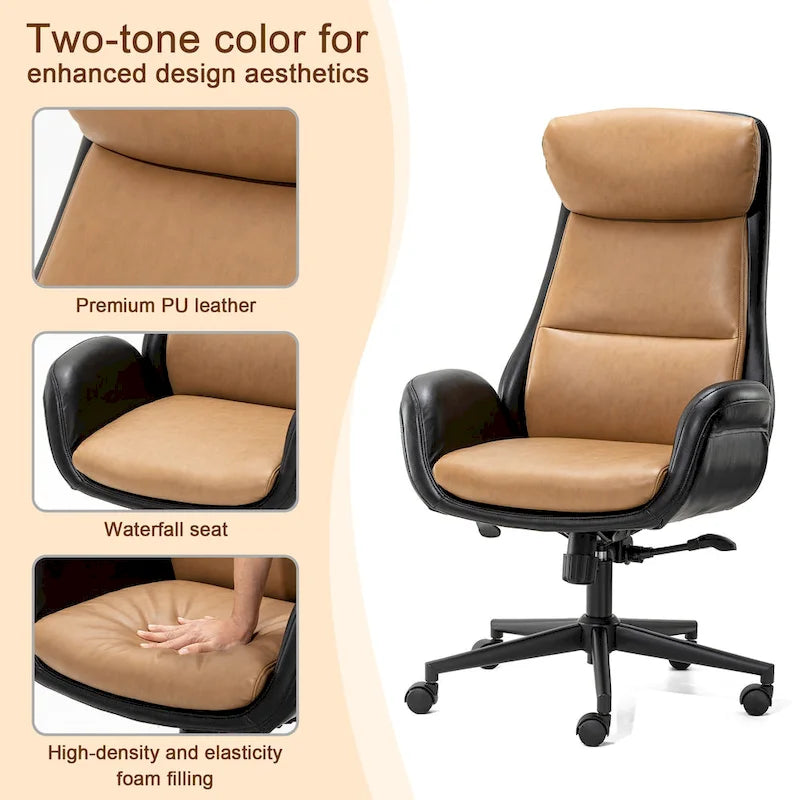 Fauteuil de bureau de direction pivotant en similicuir, dossier haut, style Mid-Century Modern, coloris noir/gris/café/chameau et noir, pièce unique.