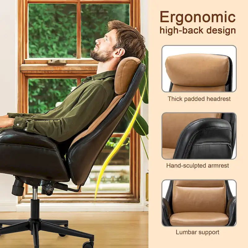 Fauteuil de bureau de direction pivotant en similicuir, dossier haut, style Mid-Century Modern, coloris noir/gris/café/chameau et noir, pièce unique.