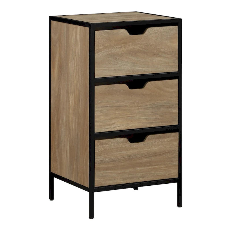 Oak / White Contemporary 3-Drawer Accent Storage Cabinet with Steel Frame, Fully Assembled