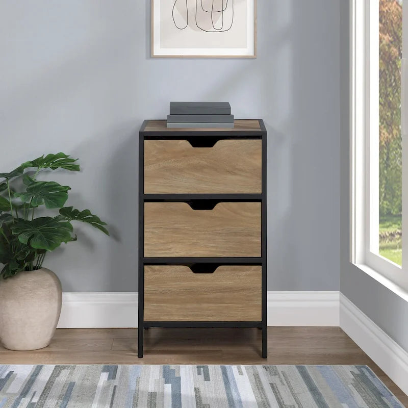 Cabinet de rangement d'appoint contemporain avec 3 tiroirs, chêne/blanc, avec cadre en acier, entièrement assemblé
