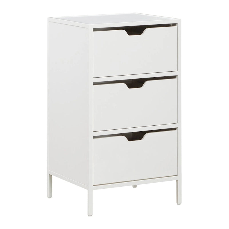 Cabinet de rangement d'appoint contemporain avec 3 tiroirs, chêne/blanc, avec cadre en acier, entièrement assemblé