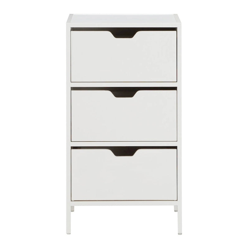 Cabinet de rangement d'appoint contemporain avec 3 tiroirs, chêne/blanc, avec cadre en acier, entièrement assemblé