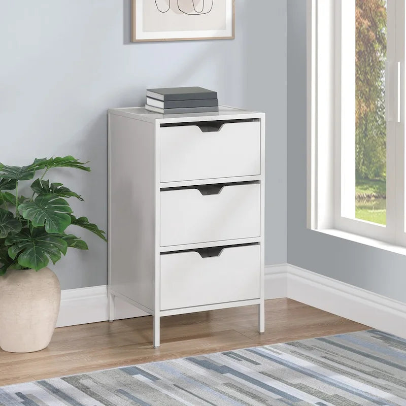 Cabinet de rangement d'appoint contemporain avec 3 tiroirs, chêne/blanc, avec cadre en acier, entièrement assemblé