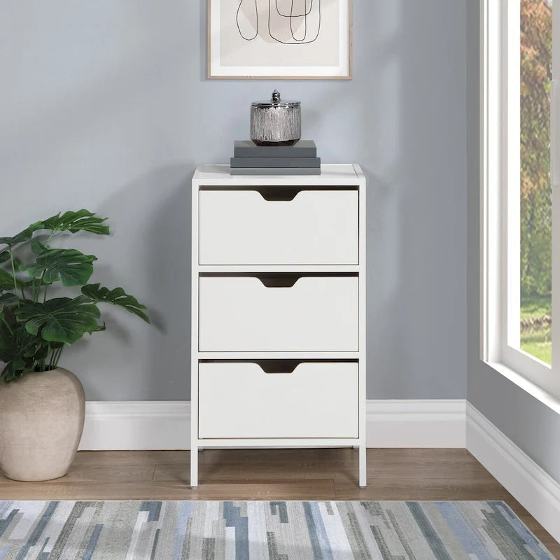 Cabinet de rangement d'appoint contemporain avec 3 tiroirs, chêne/blanc, avec cadre en acier, entièrement assemblé