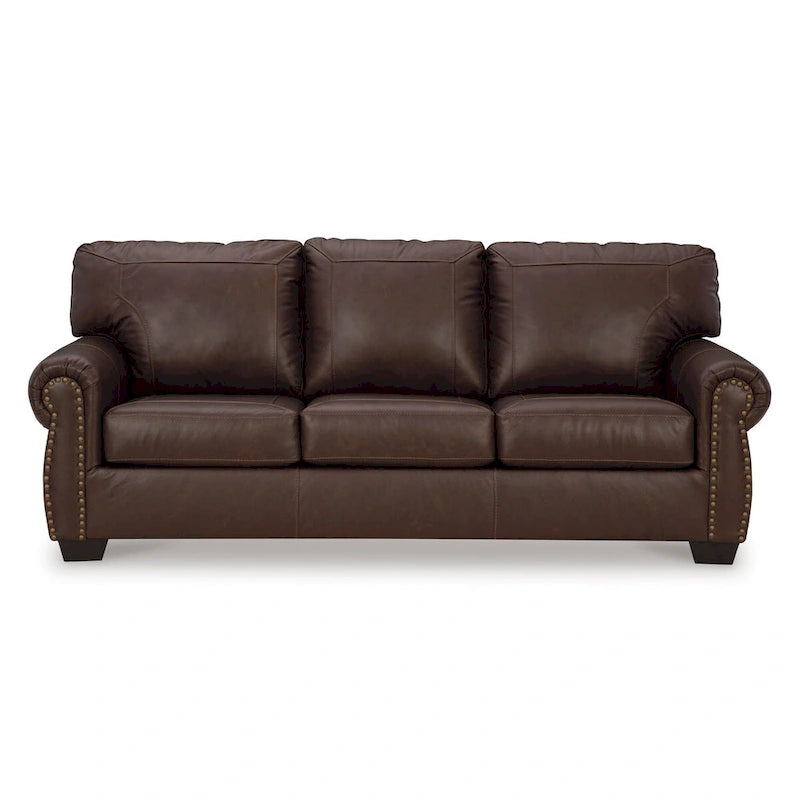 Canapé contemporain en cuir marron avec garniture cloutée et accoudoirs roulés, 3 places