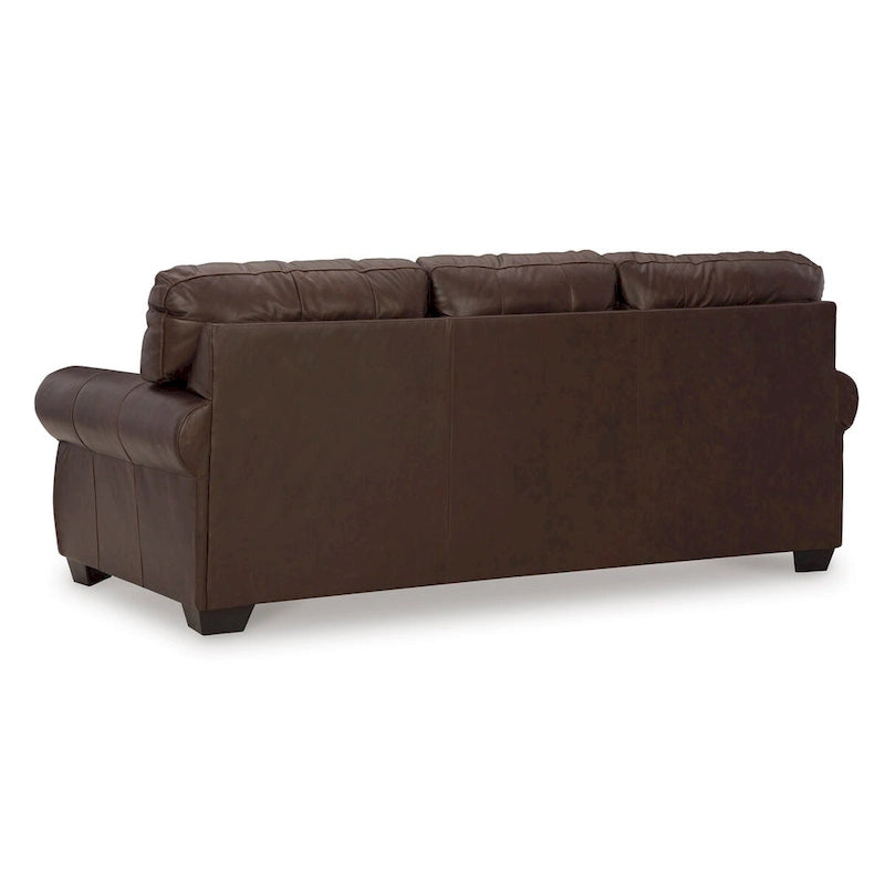Canapé contemporain en cuir marron avec garniture cloutée et accoudoirs roulés, 3 places