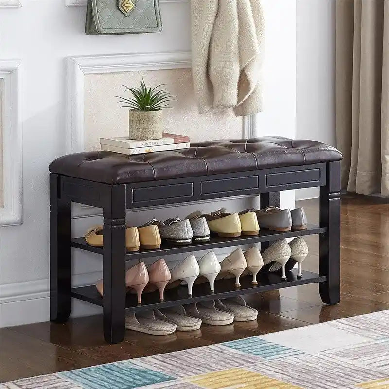 Banc de rangement pour chaussures en bois d'hévéa marron/noir avec coussin, couvercle rabattable et étagère à 2 niveaux, simple